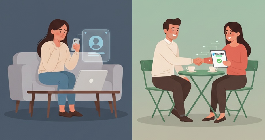 Illustration of two people safely meeting